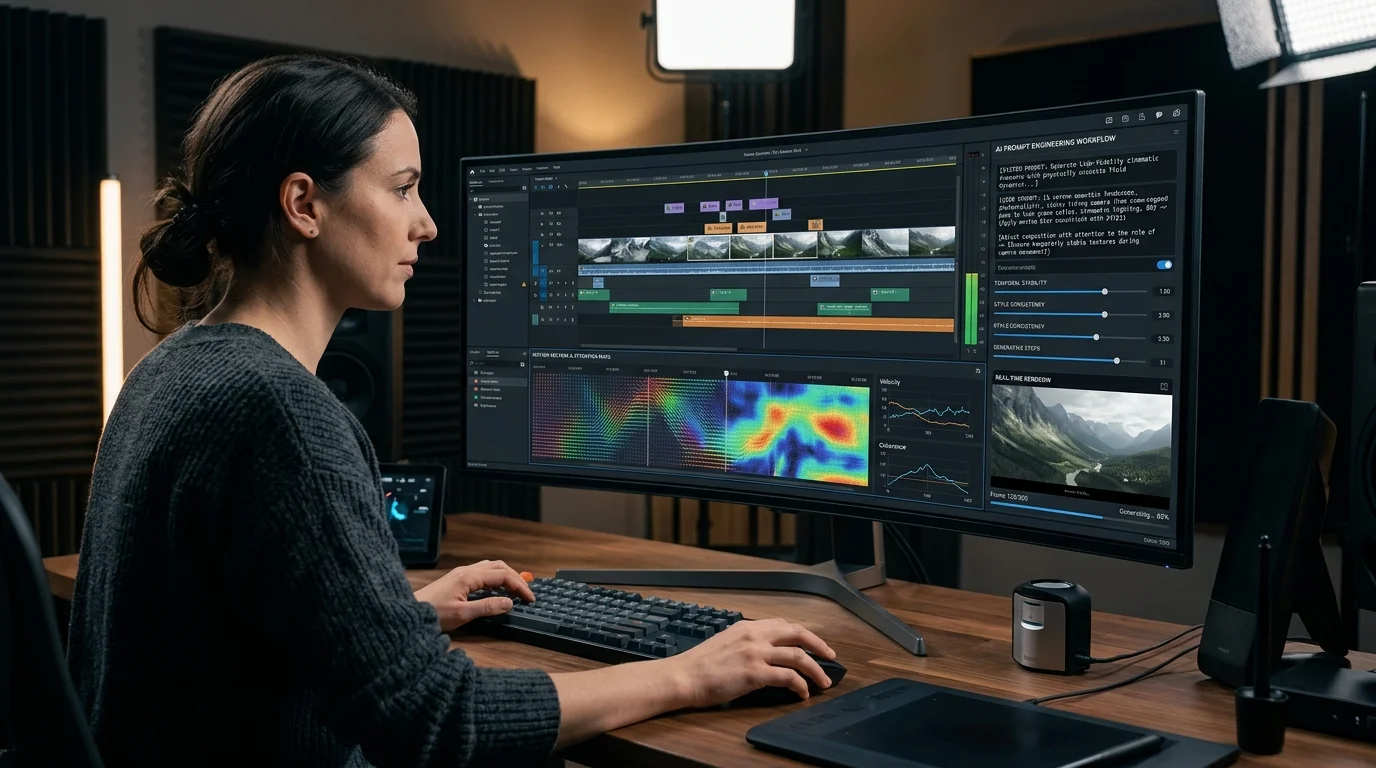 A professional video editor's workspace showing a complex AI prompt engineering interface on a monitor featuring timelines and motion vector graphs
