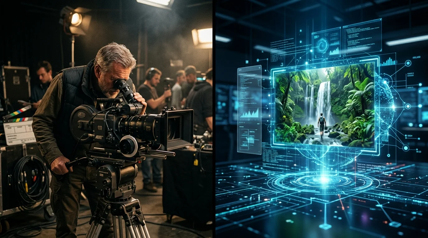 A cinematic split-screen showing a traditional human film director looking through a camera lens versus a futuristic glowing AI holographic video generation interface