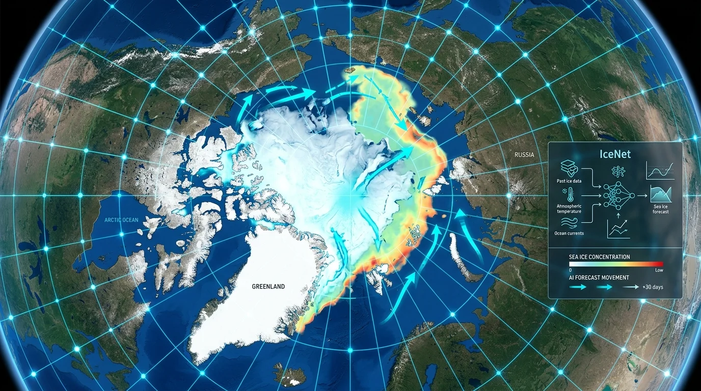 A satellite view of the Arctic Ocean overlaid with glowing high-tech digital grid lines and AI predictive heat maps showing sea ice forecasting